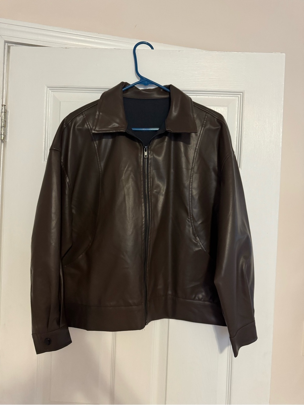 Ladies Faux Leather Oversized Zip Collar Jacket